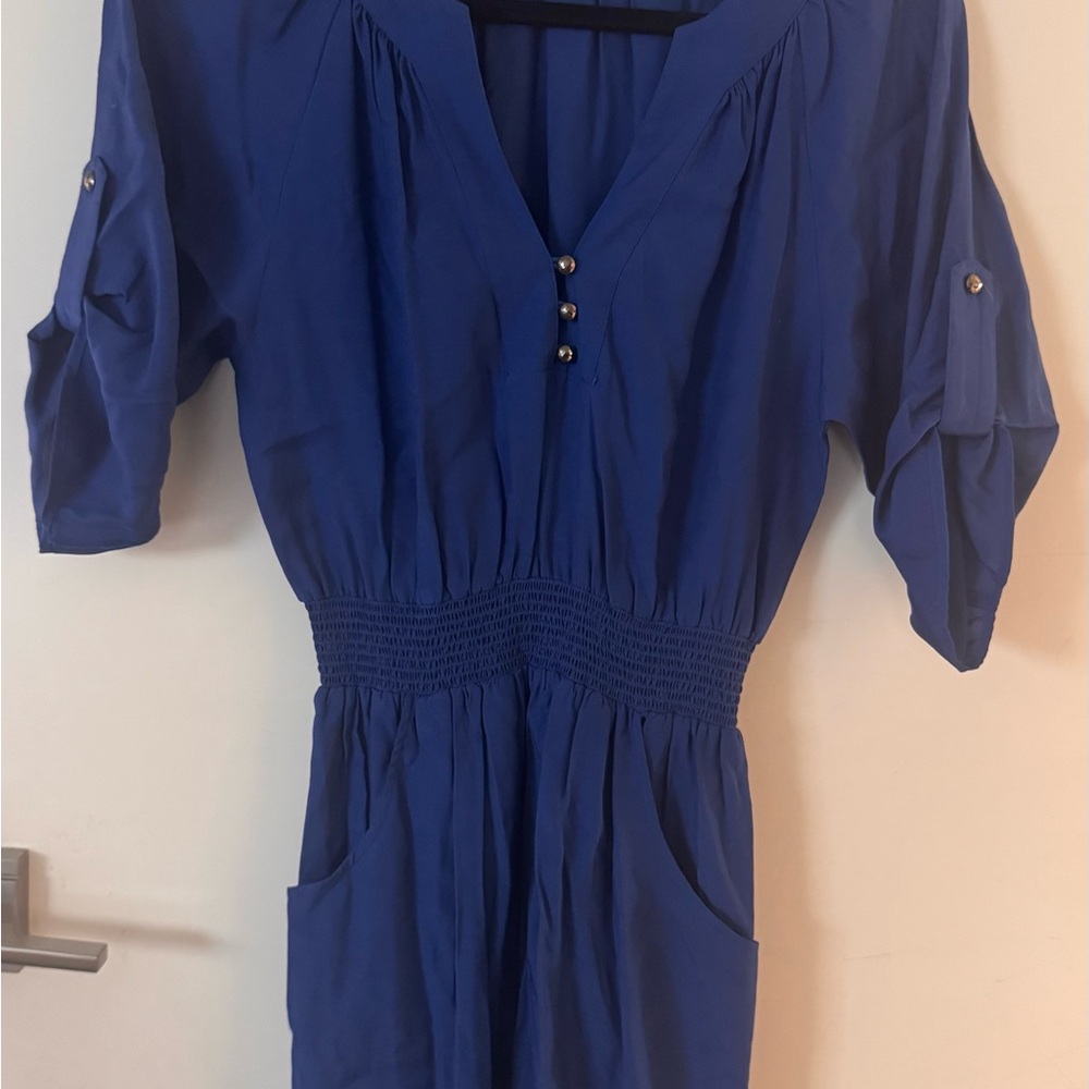 Blue Mini Dress with Silver Button Details and Pockets